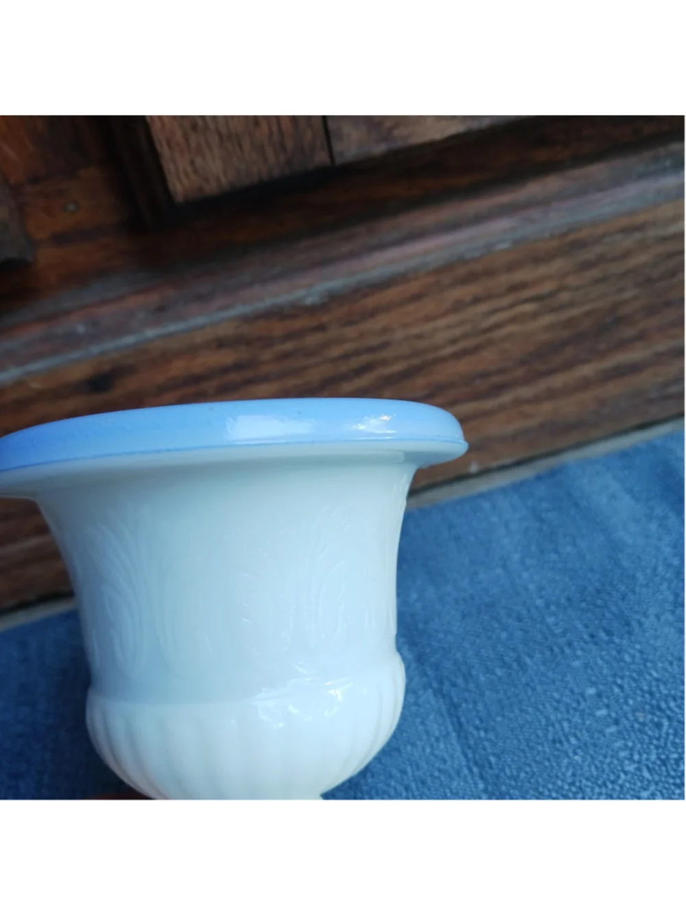 1936 Macbeth Evans Uranium Milk Glass White And Blue Toothpick Holder Vase
